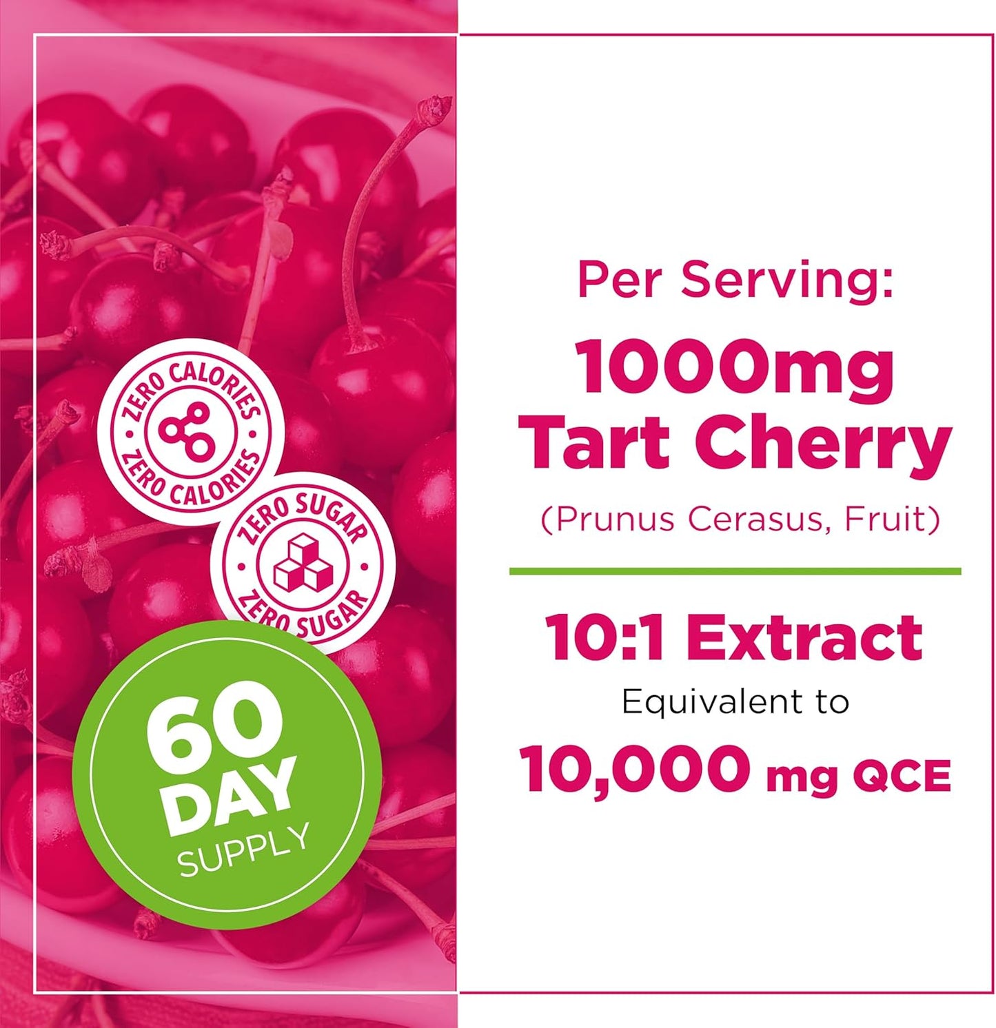 Tart cherry supplement packaging with cherry illustration and nutritional information.