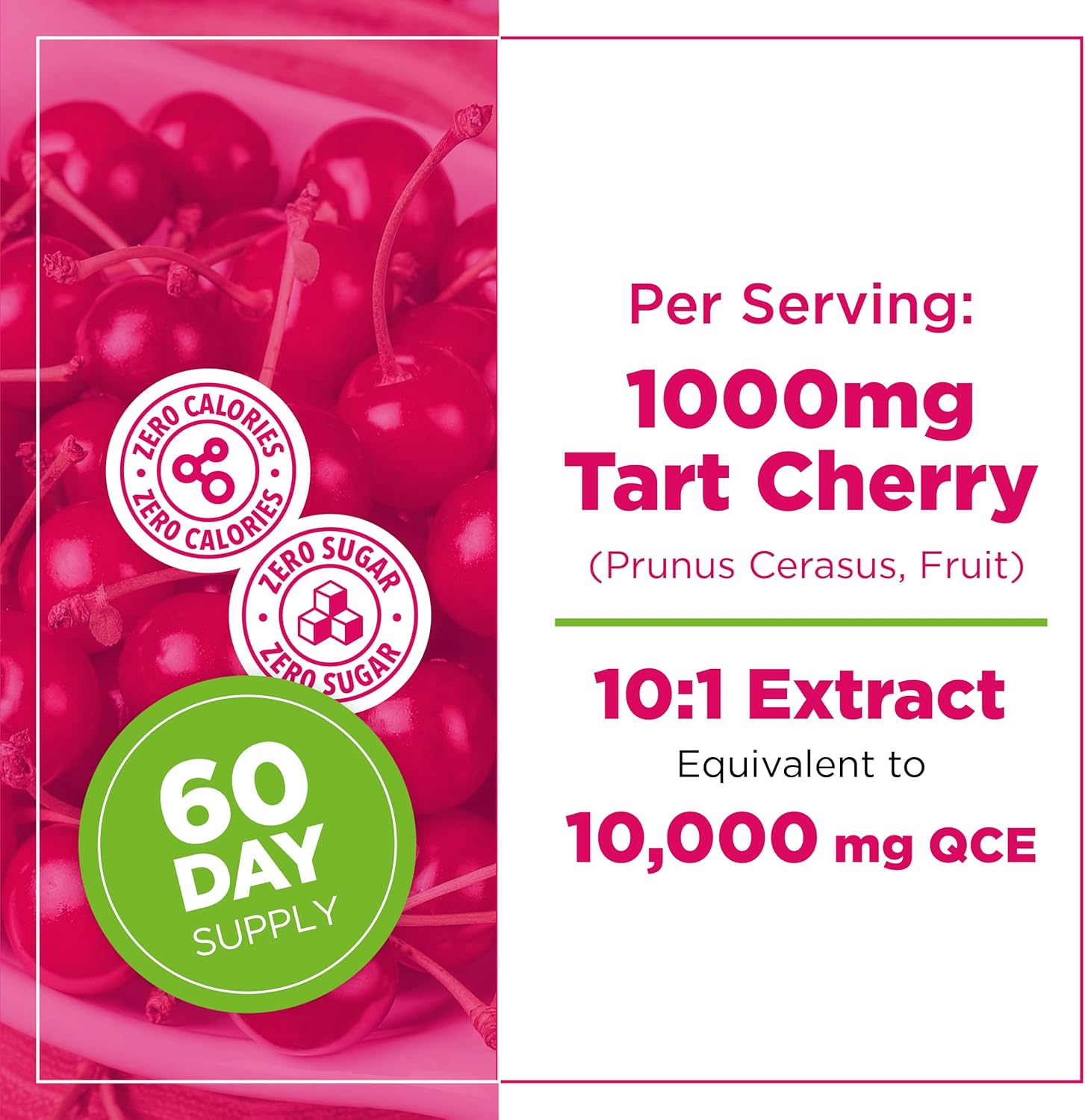 Tart cherry supplement packaging with cherry illustration and nutritional information.