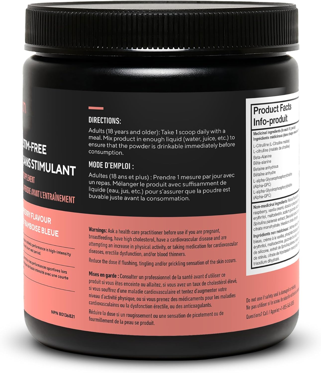 Black supplement container with red label on a white background