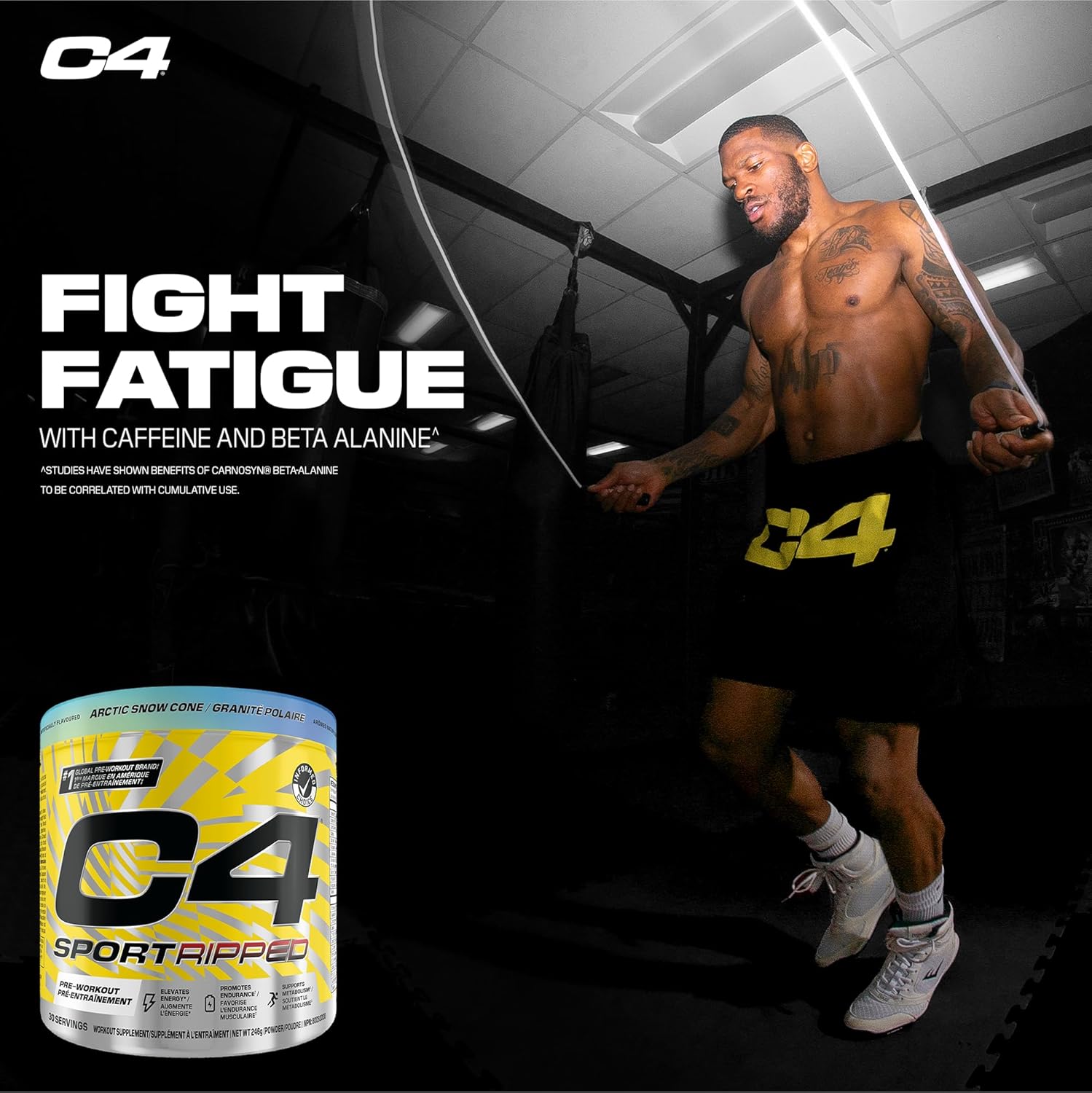 C4 Sport Ripped supplement container with a muscular man in a gym setting.