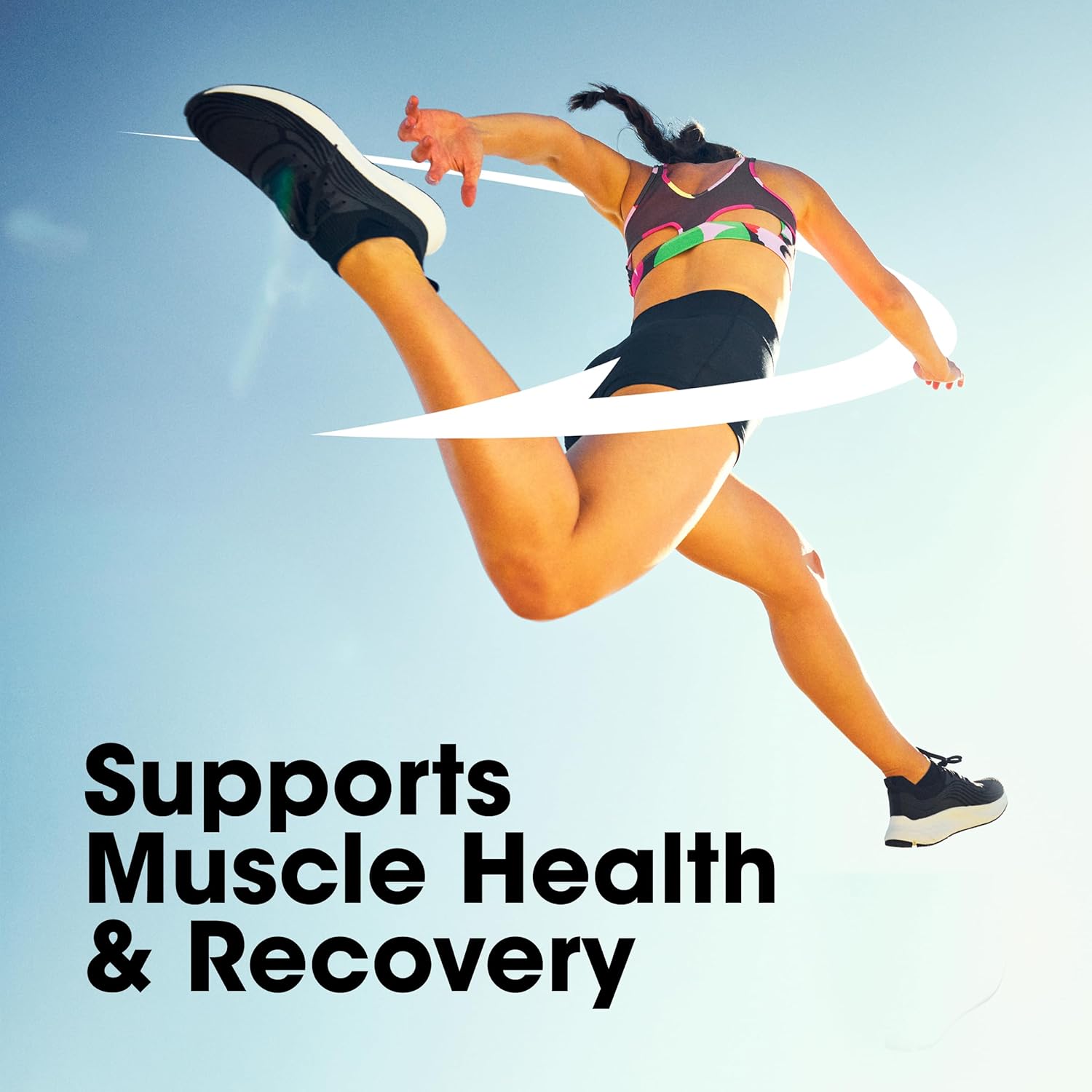 Person in athletic wear leaping with text 'Supports Muscle Health & Recovery' on a light blue background
