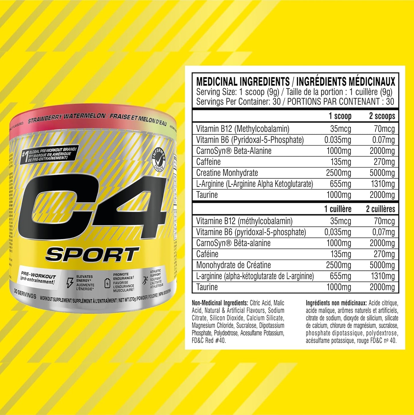 C4 Sport supplement container with yellow background and ingredient list.