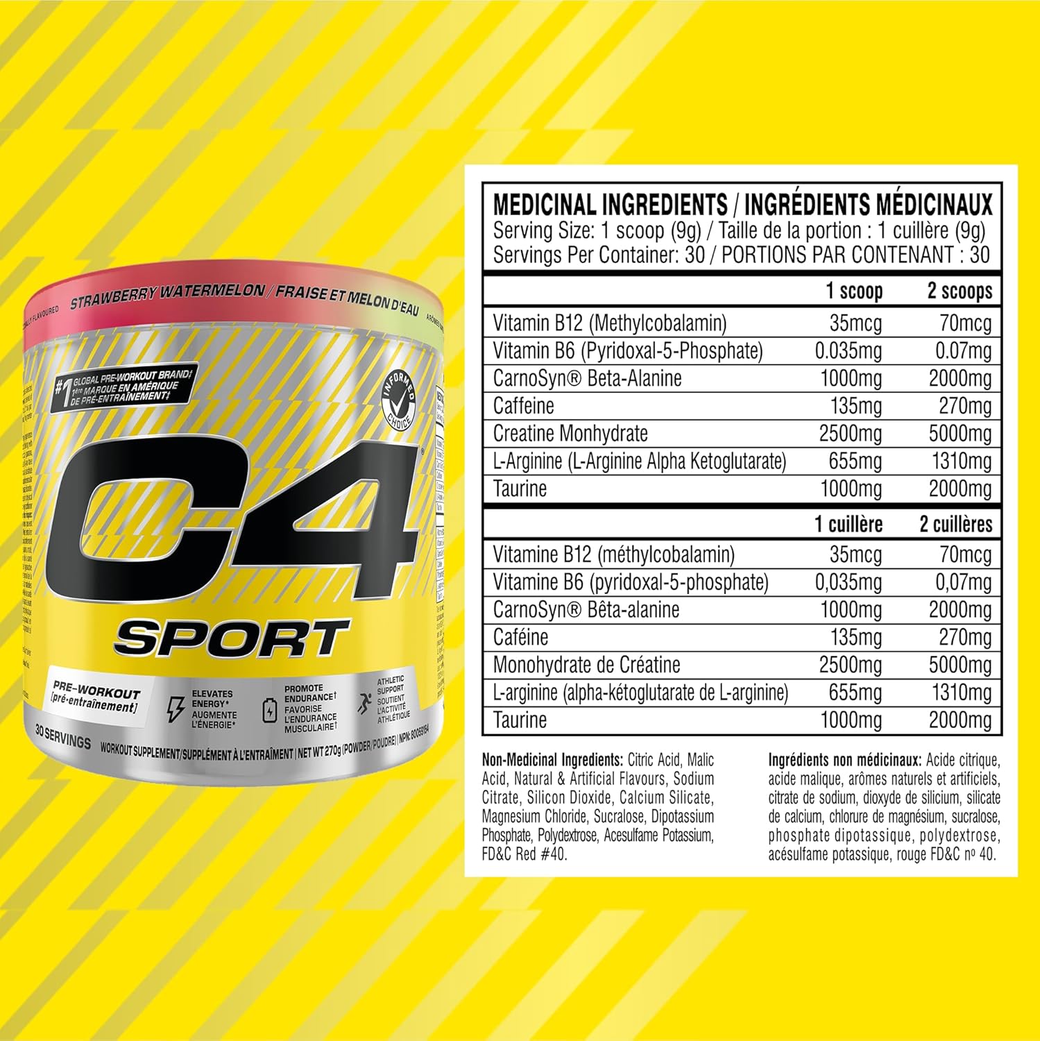 C4 Sport supplement container with yellow background and ingredient list.