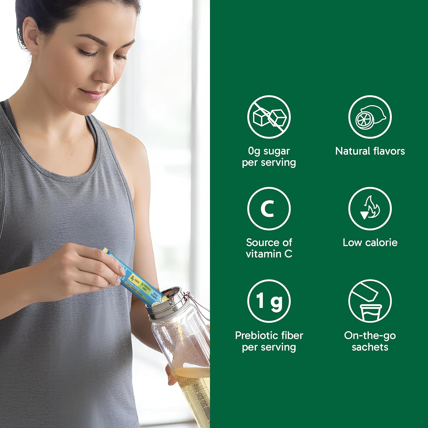 Woman adding a supplement to a drink with health benefits listed on a green background