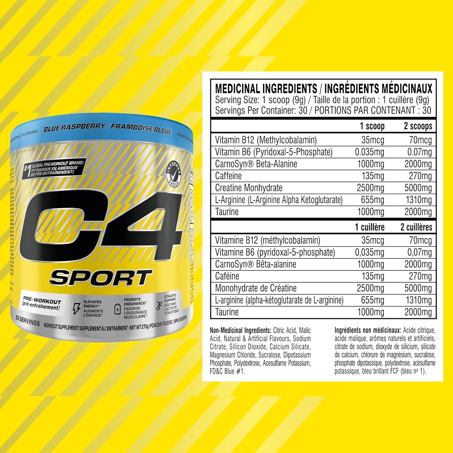 C4 Sport supplement container with nutritional information on a yellow background