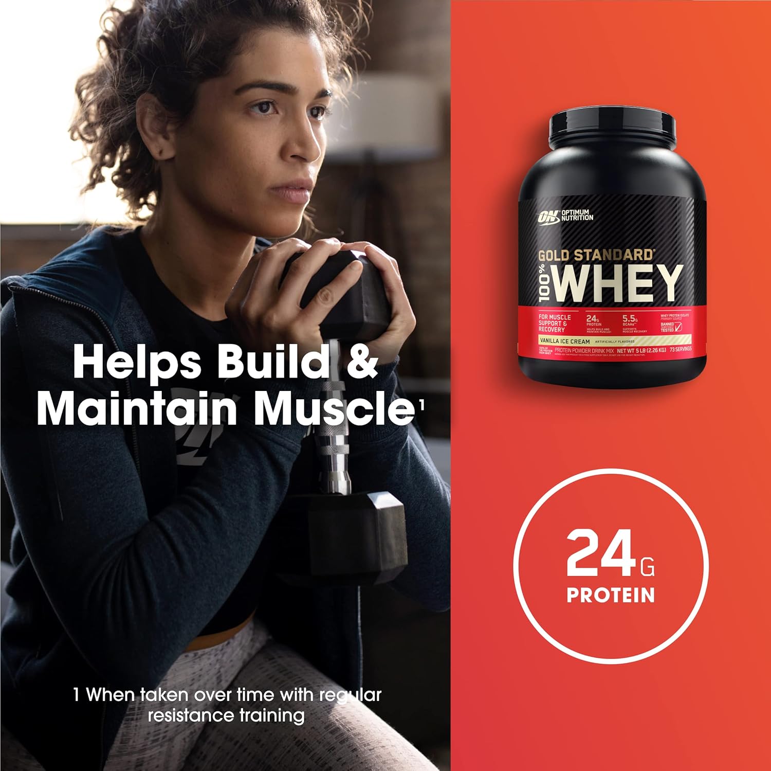 Woman with weights and Optimum Nutrition Gold Standard 100% Whey protein supplement on an orange background