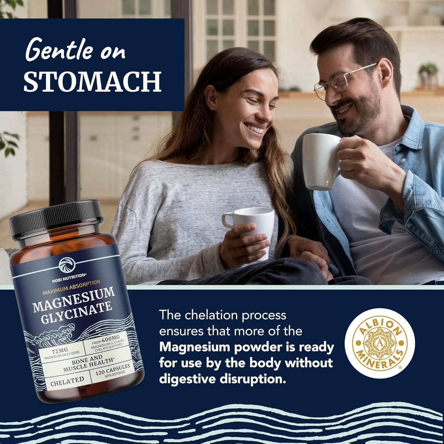 Couple enjoying a moment together with a bottle of magnesium glycinate supplement in the foreground.