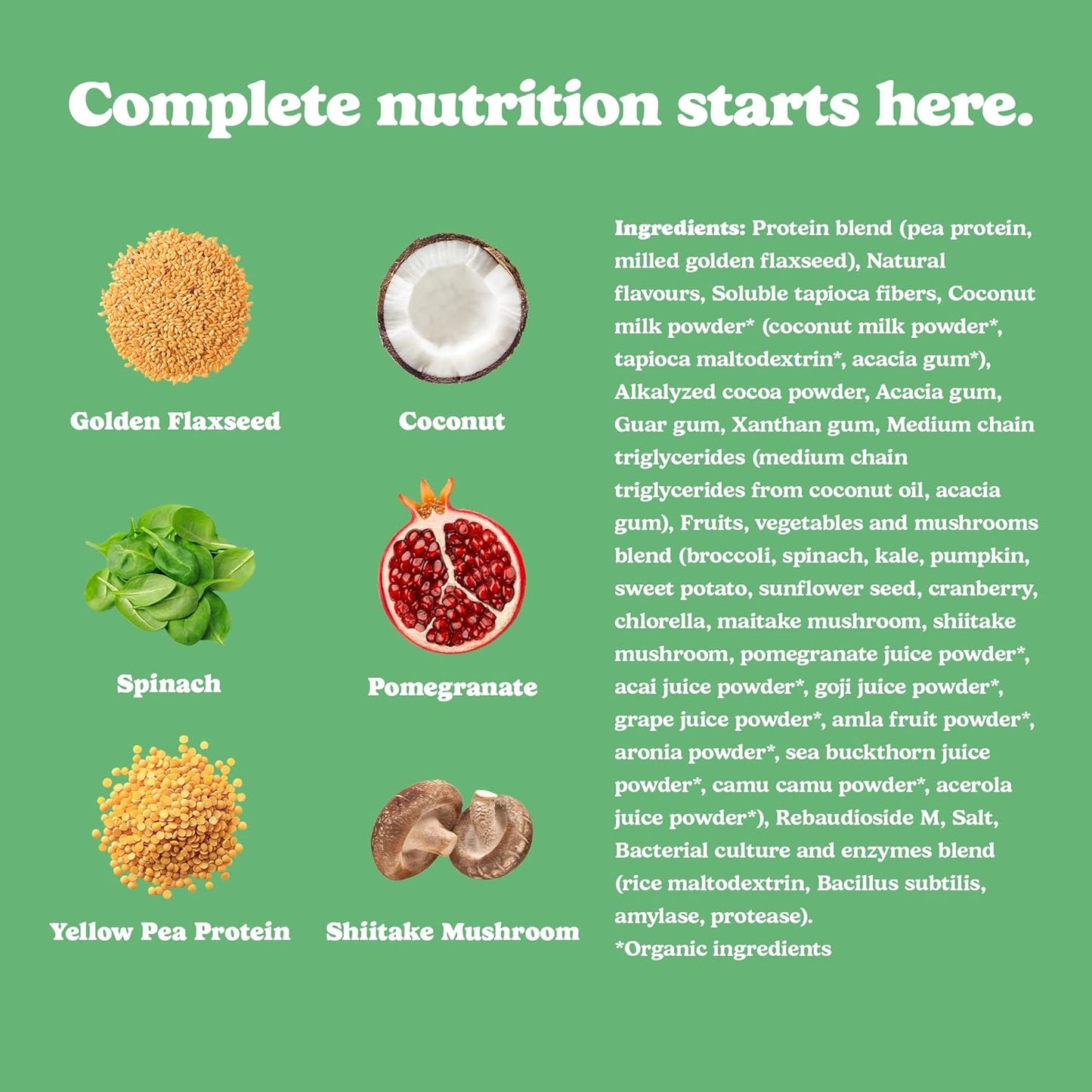 Nutritional ingredients displayed with text on a green background