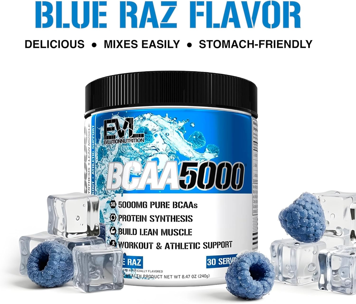 EVL BCAA 5000 supplement container with blue raz flavor text and product details.