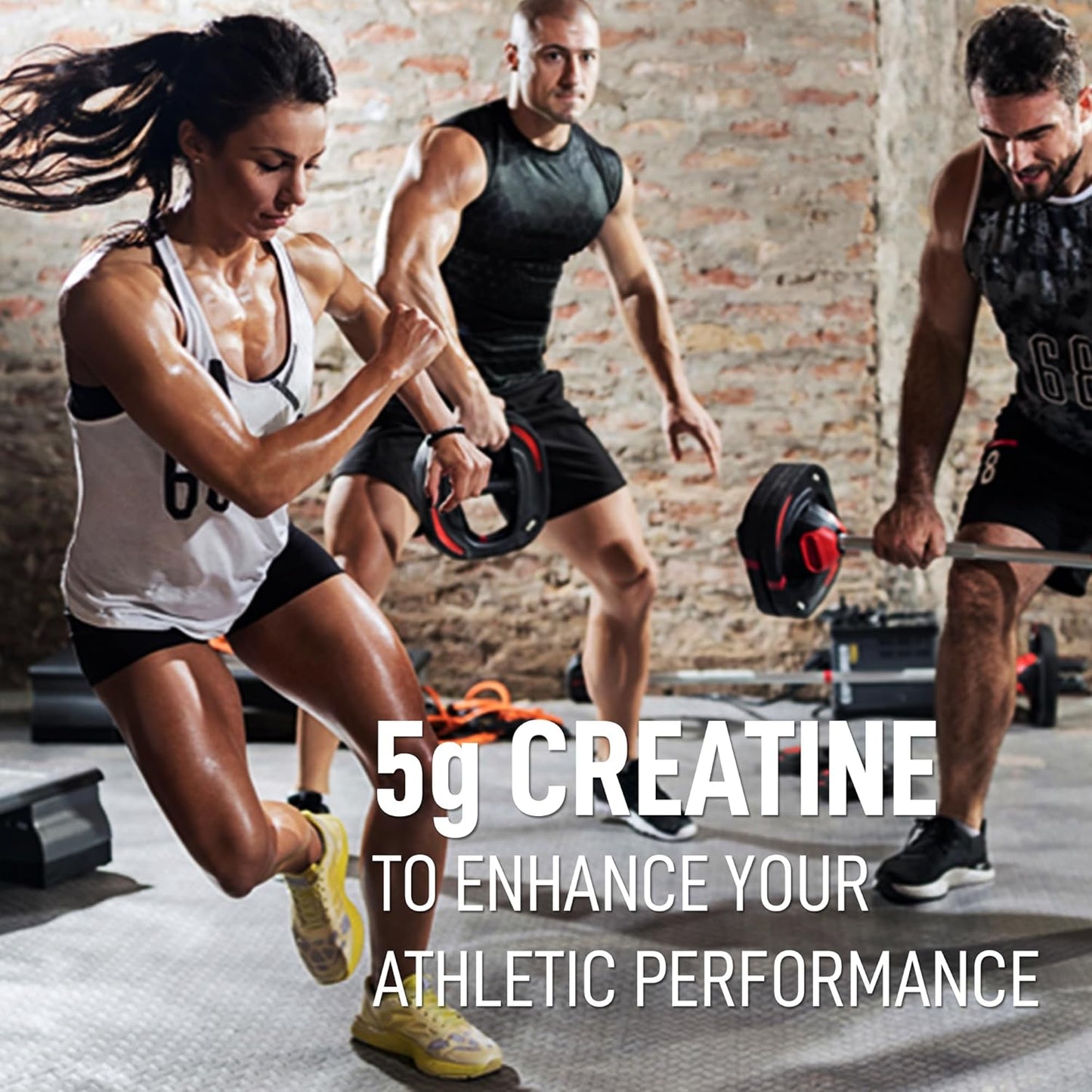 Three people exercising in a gym with text about 5g Creatine.