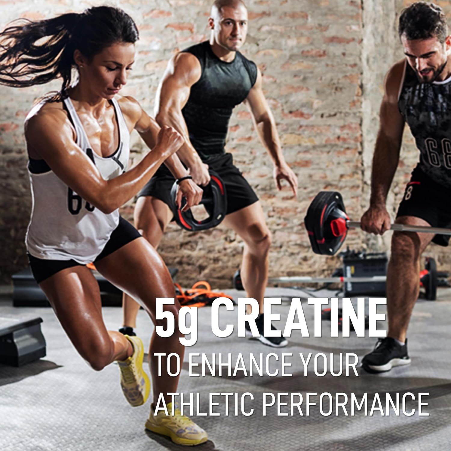 Three people exercising in a gym with text about 5g Creatine.