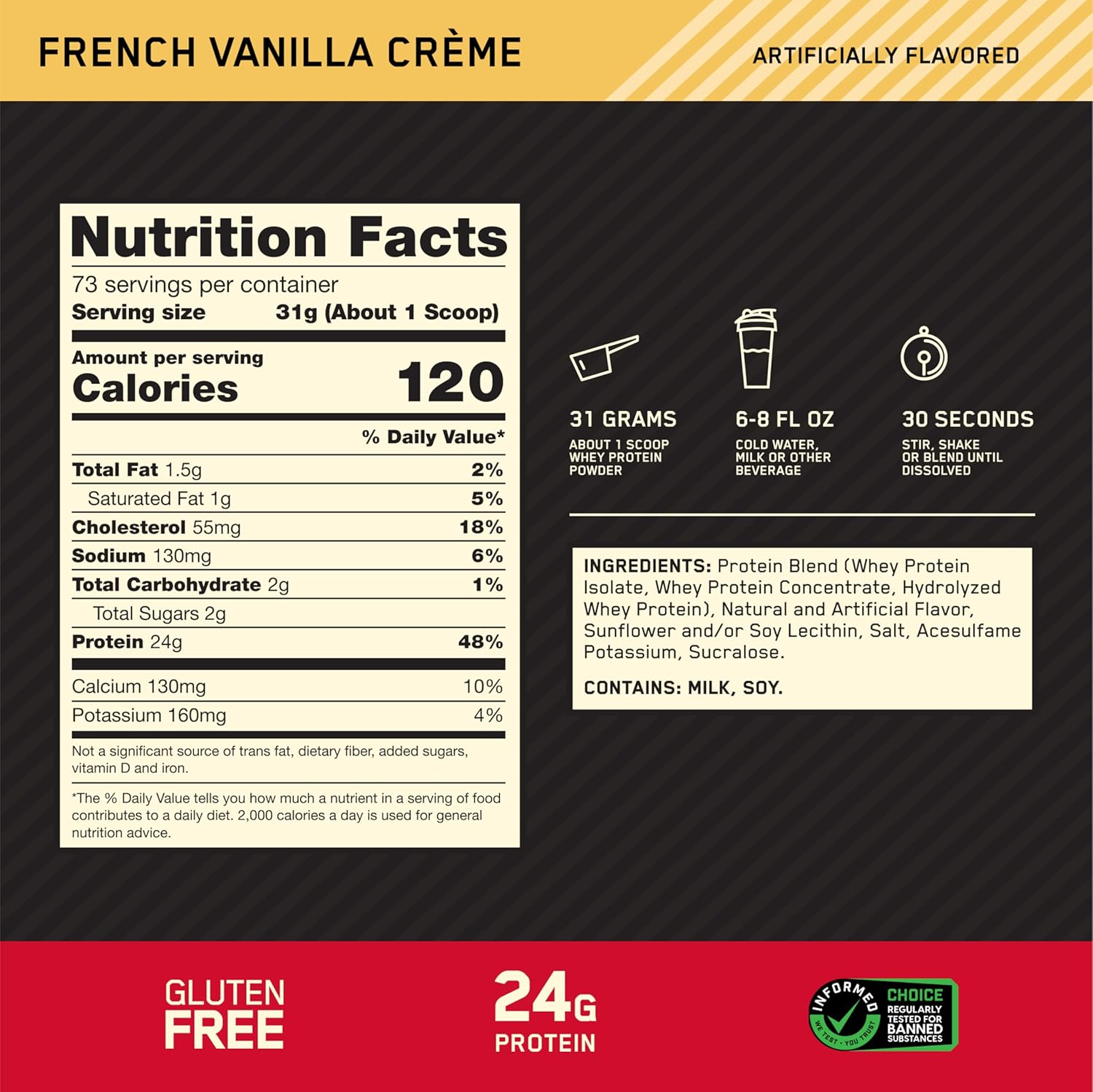 Nutrition facts label for French Vanilla Crème protein product on a black and red background.