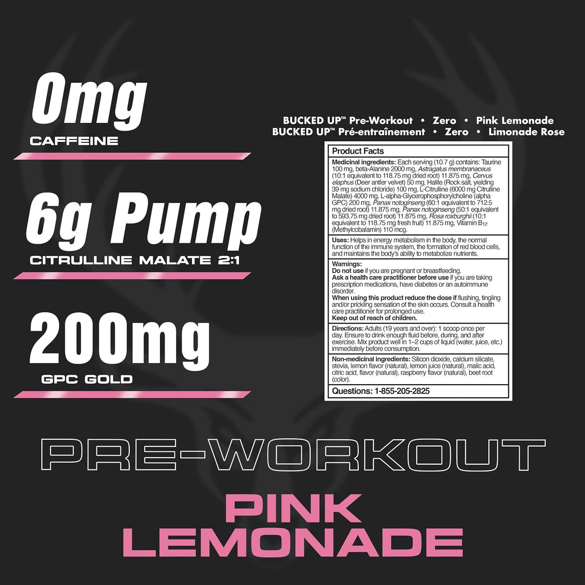 A black pre-workout product label with large white and pink text reading '0mg Caffeine', '6g Pump Citrulline Malate 2:1', '200mg GPC GOLD', and 'PRE-WORKOUT PINK LEMONADE'. A white product information panel is shown on the right with ingredients, directions, and warnings.