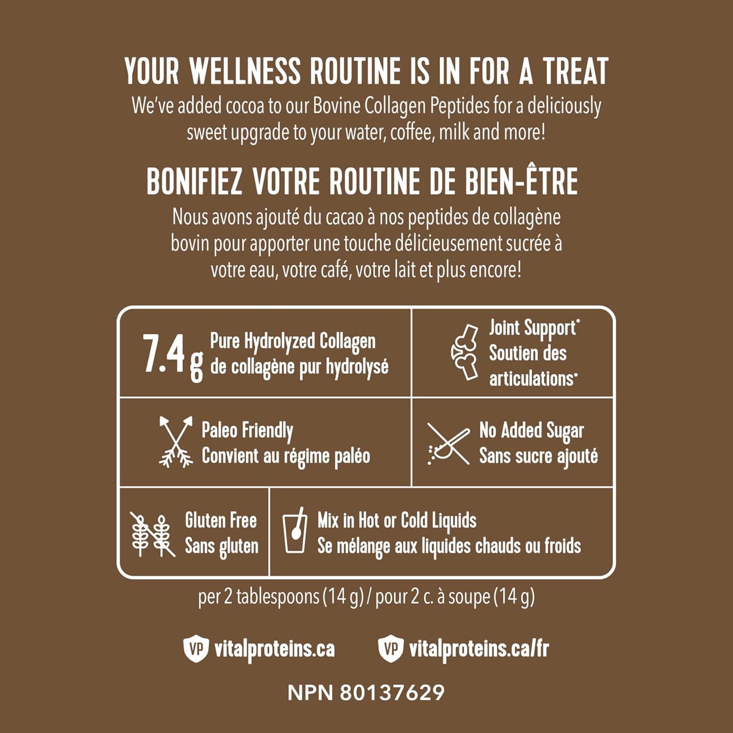 Product label for a collagen supplement with text and icons on a brown background