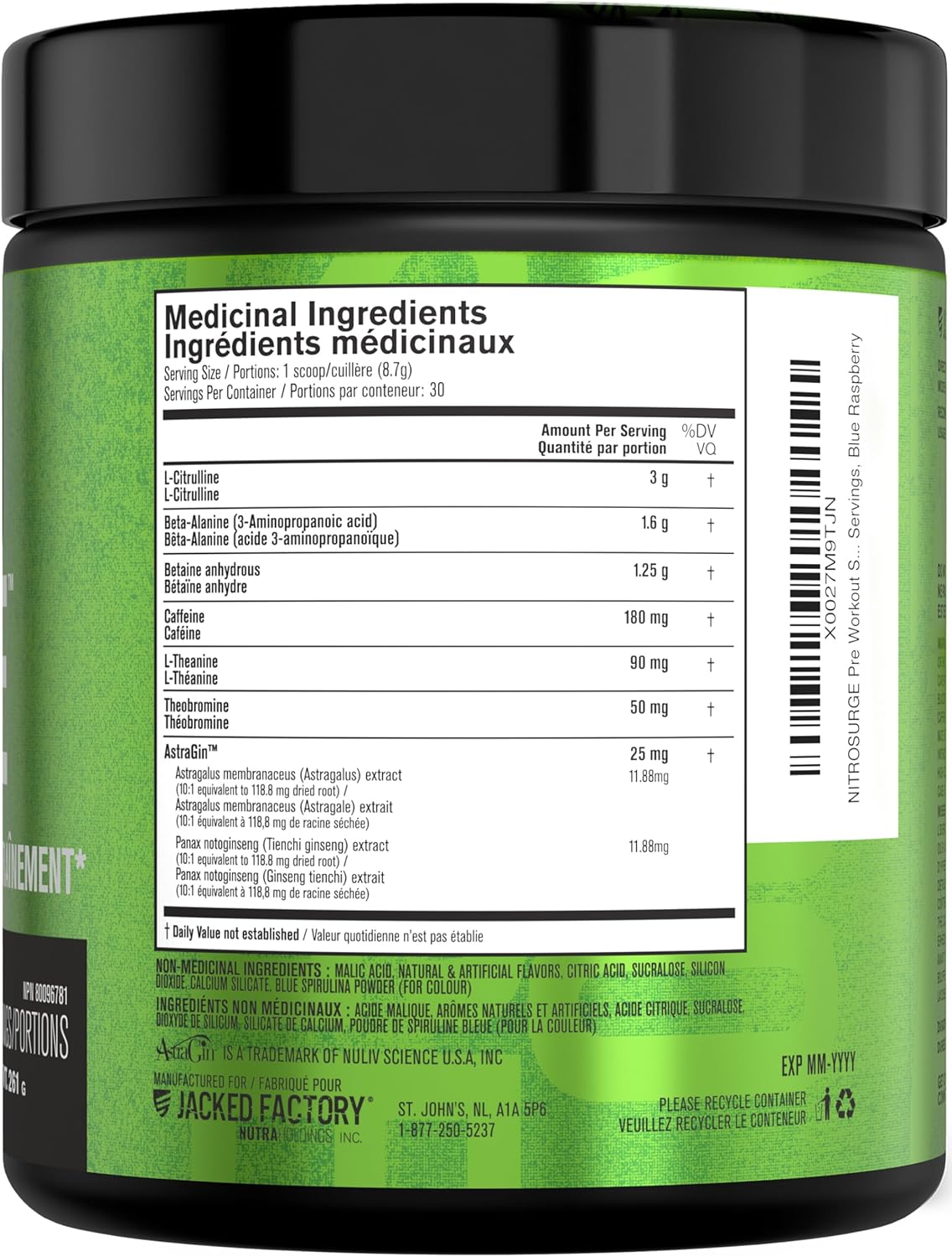 Supplement container with green label displaying medicinal ingredients.