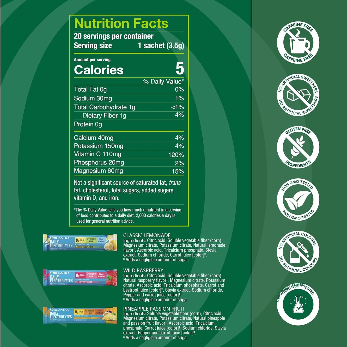 Nutrition facts label and product information on a green background
