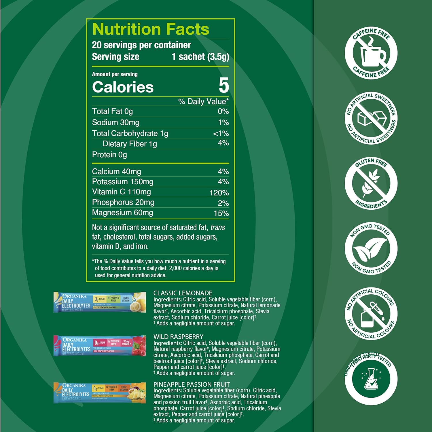 Nutrition facts label and product information on a green background