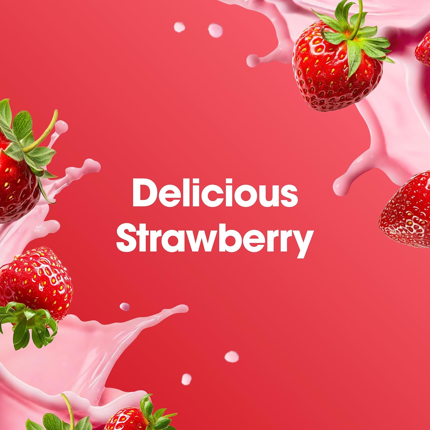Strawberries with pink milk splashes on a red background with 'Delicious Strawberry' text.