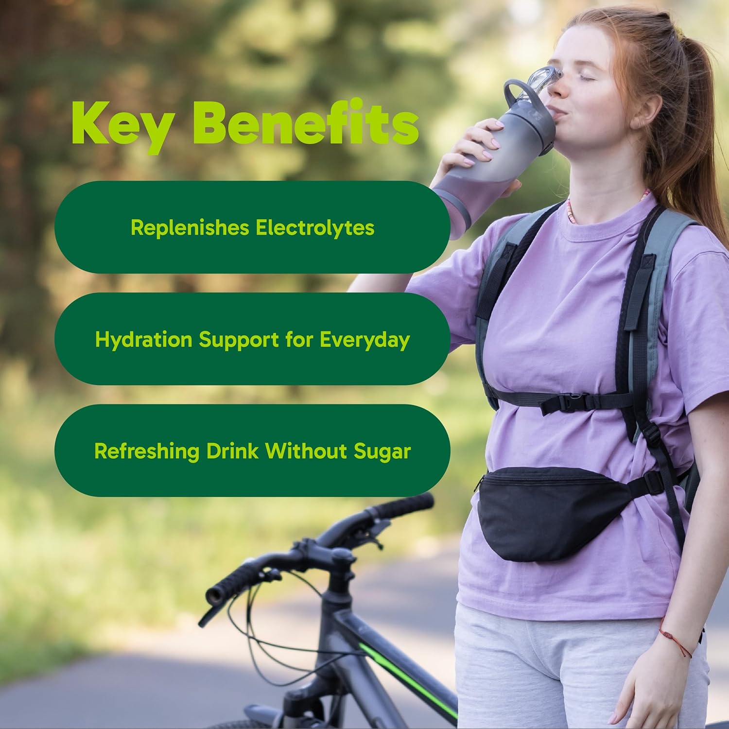 Person with a backpack drinking from a water bottle with key benefits listed.