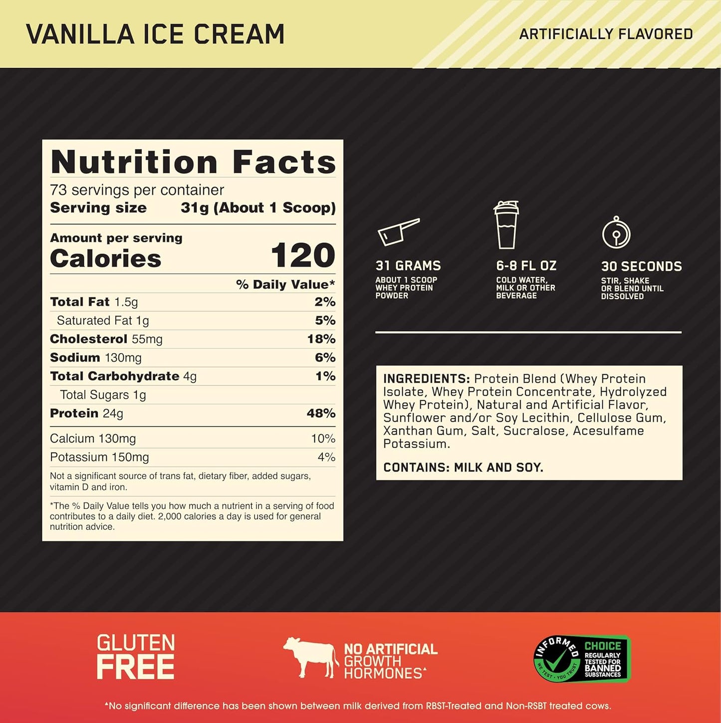Nutrition facts label for vanilla ice cream with serving size, calories, and ingredient list.