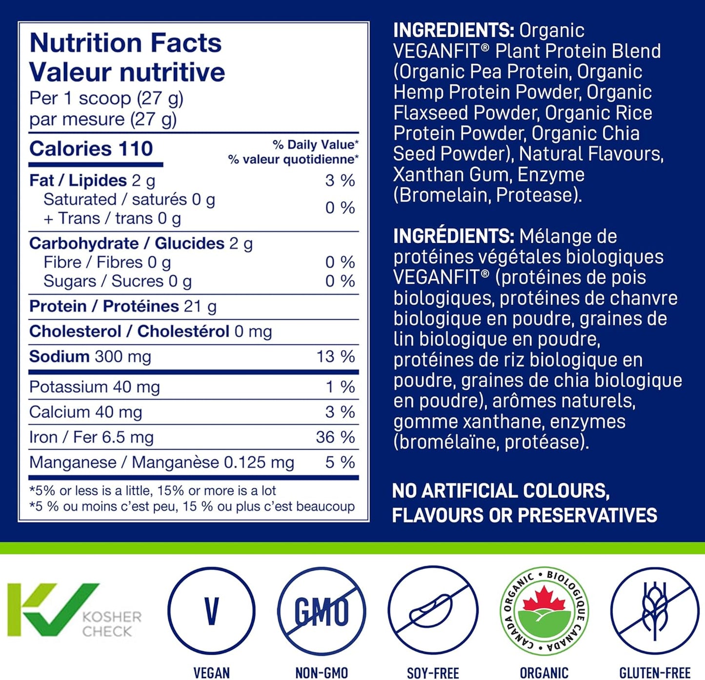 Nutrition facts label and ingredient list for a protein powder product on a blue background.