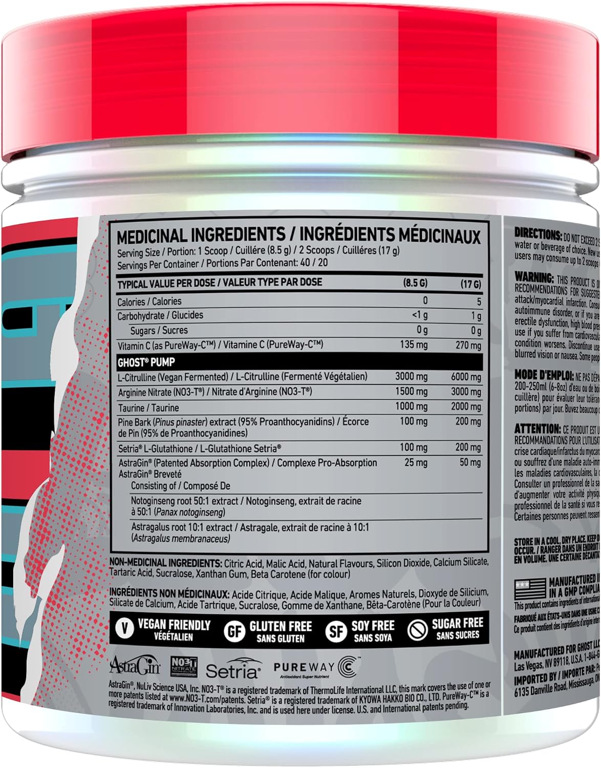Back label of a red and white supplement jar showing detailed medical ingredients, serving size, and nutrition facts per serving.