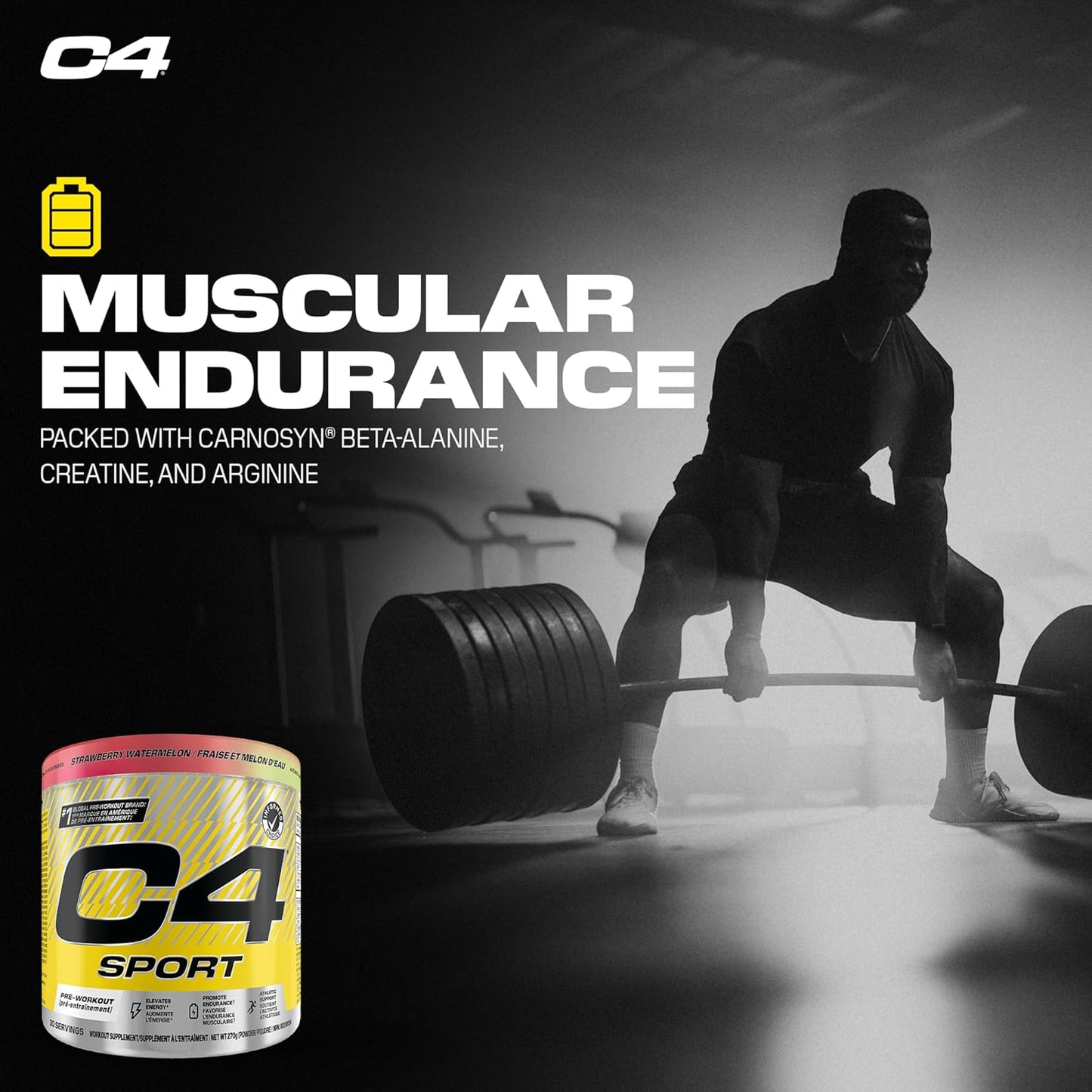C4 Sport supplement container with a person lifting weights in a gym setting, emphasizing muscular endurance.