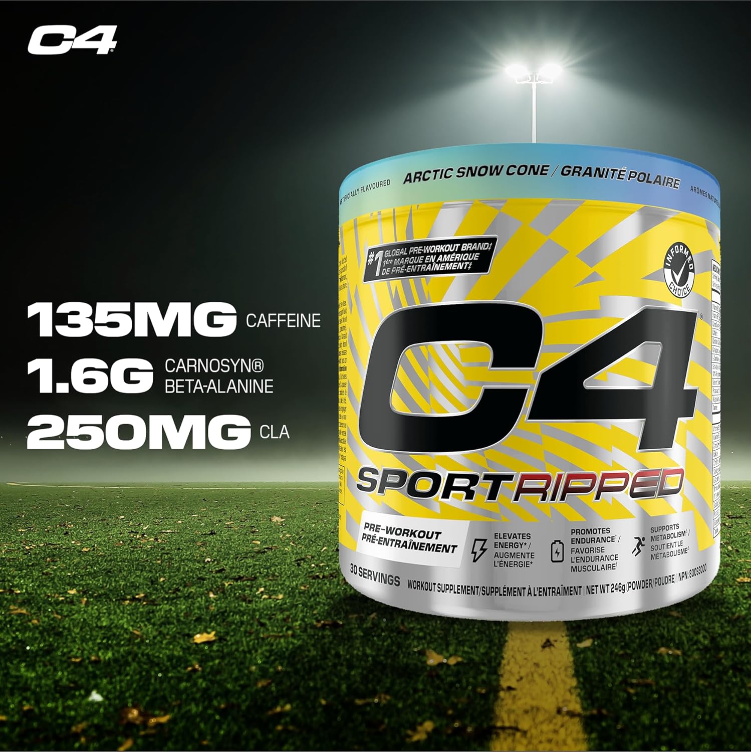 C4 Sport Ripped supplement container on a sports field background