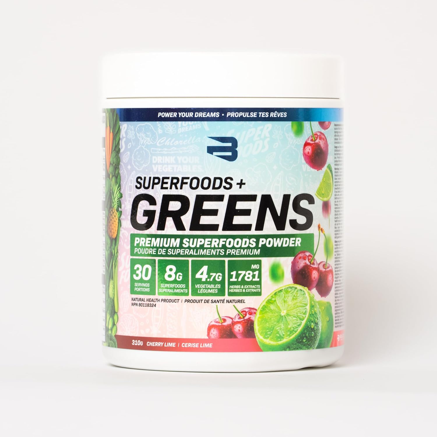 Superfoods + Greens powder container with fruit illustrations on a white background