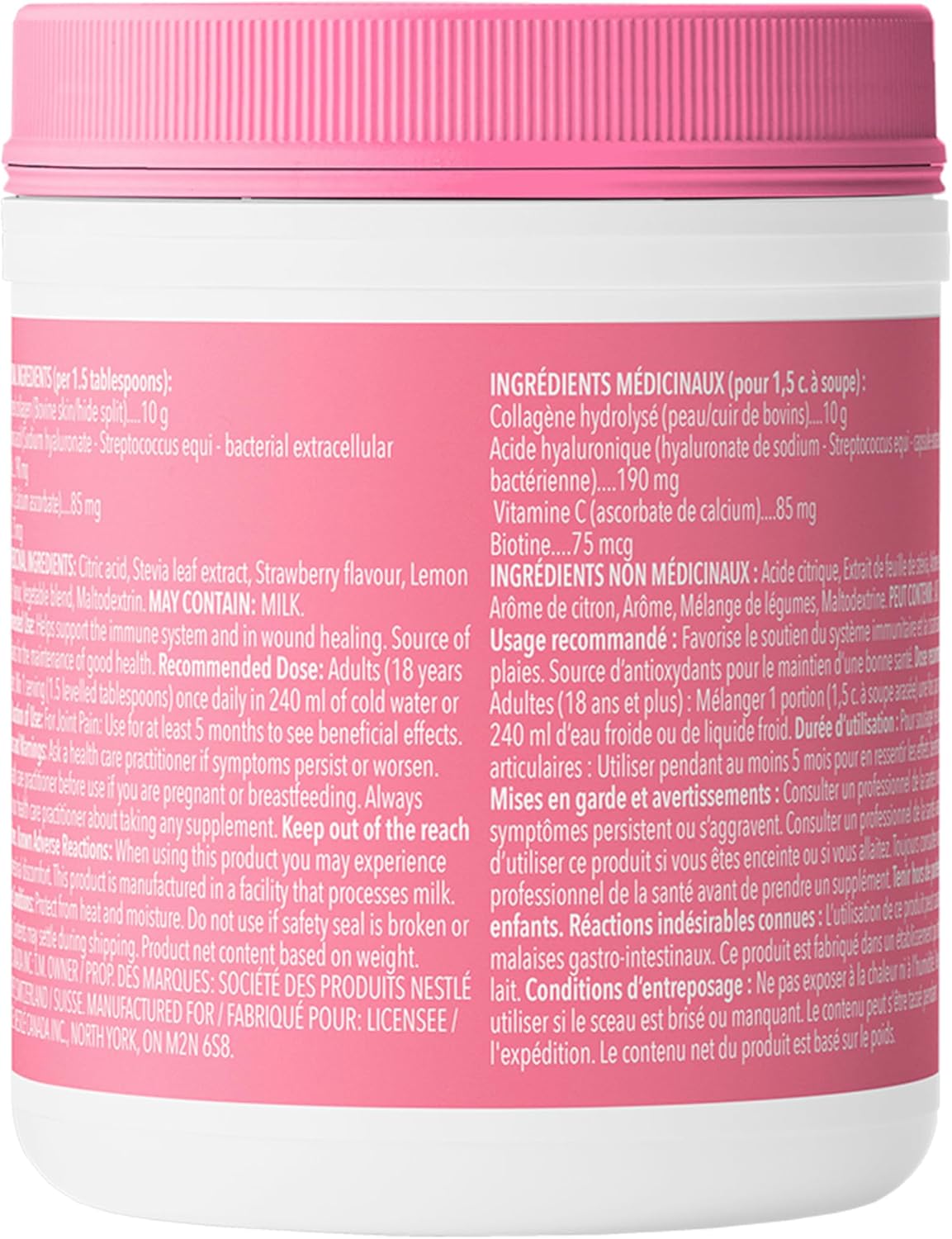 Jar with pink lid and white label containing medical ingredients and usage instructions.