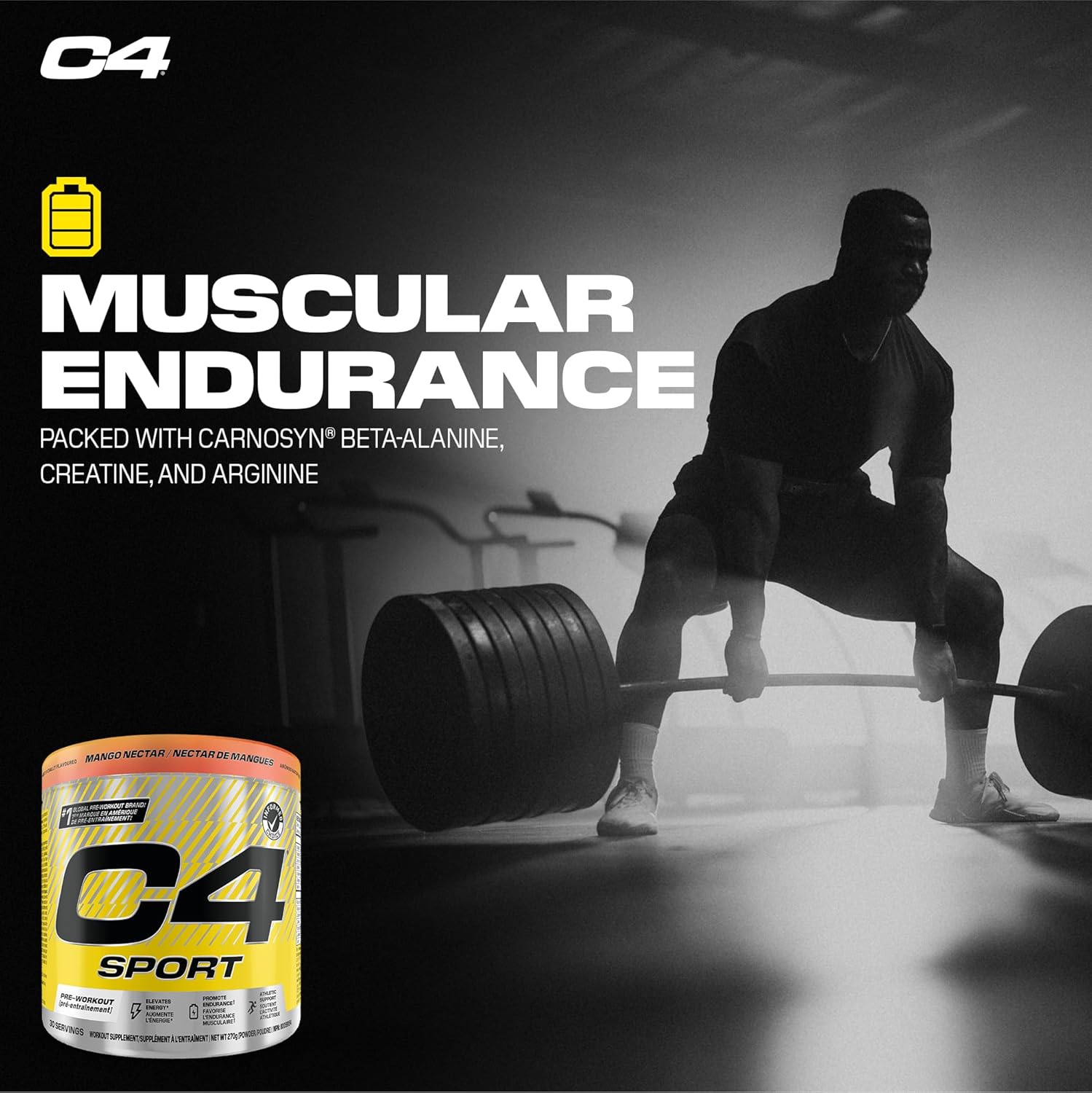 C4 Sport supplement container with a person lifting weights in a gym setting, emphasizing muscular endurance.