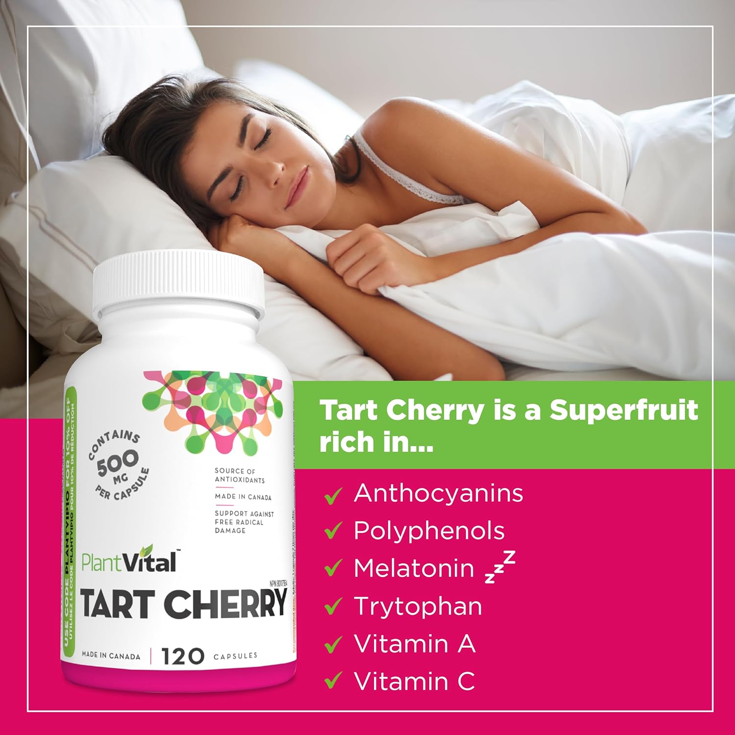 Woman lying in bed with a bottle of PlantVital Tart Cherry supplement and information about tart cherry benefits.