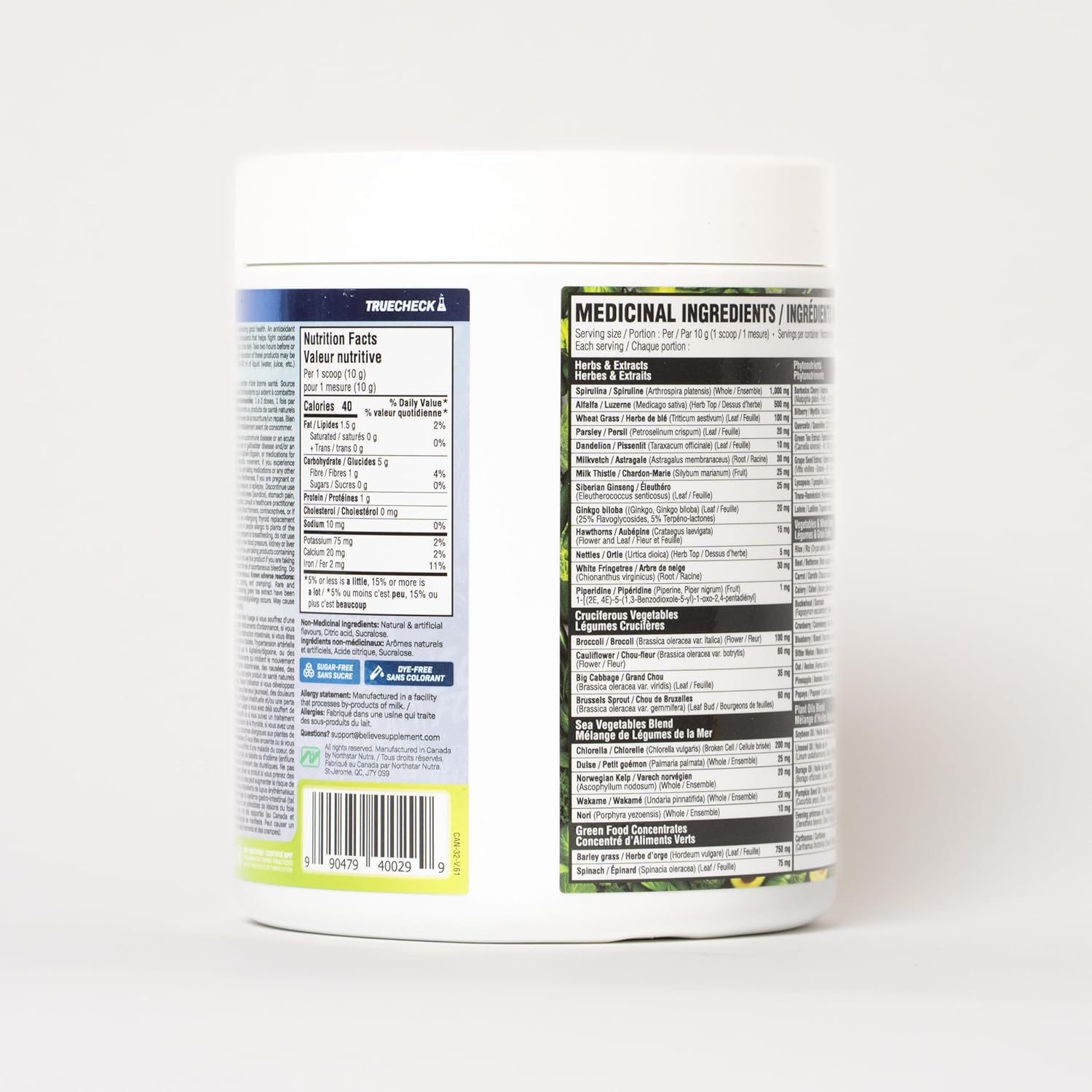 Back label of a supplement container with nutritional information and ingredients listed.