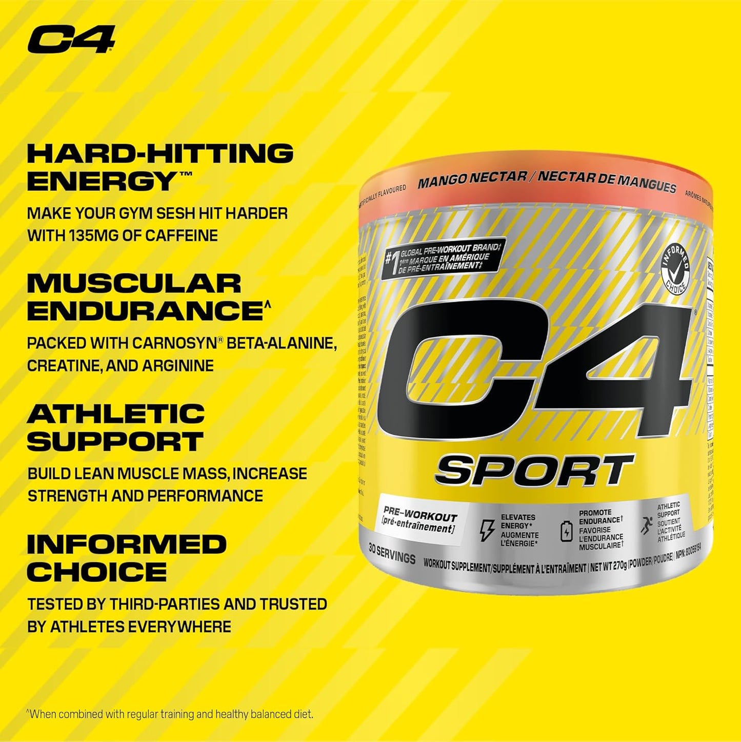 C4 Sport supplement container with yellow background and text highlighting energy, endurance, and athletic support.