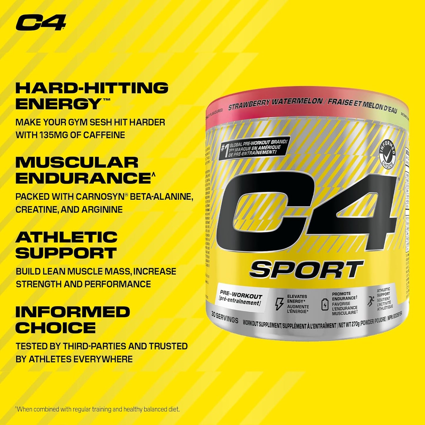 C4 Sport supplement container with yellow background and text highlighting energy, endurance, and support benefits.