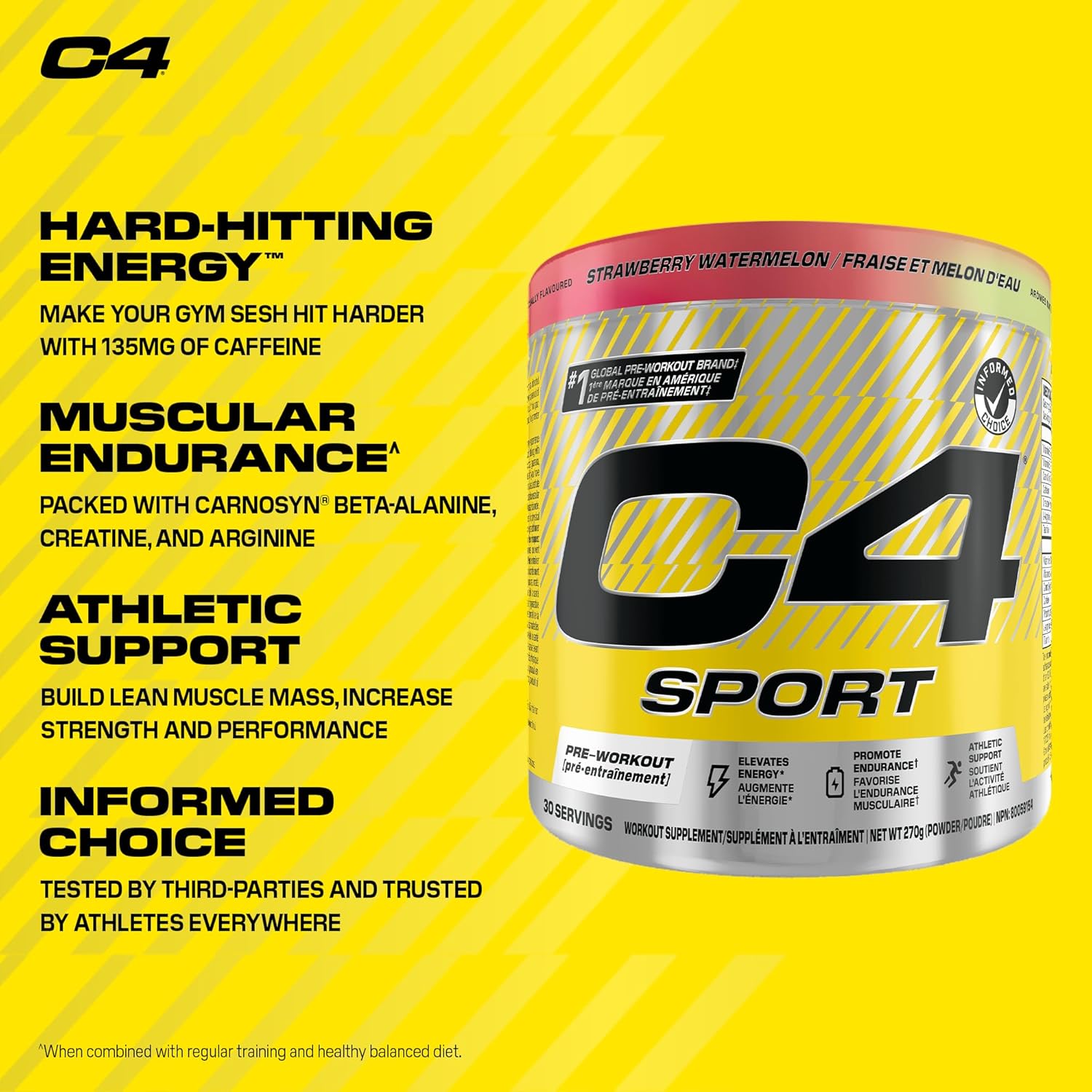 C4 Sport supplement container with yellow background and text highlighting energy, endurance, and support benefits.