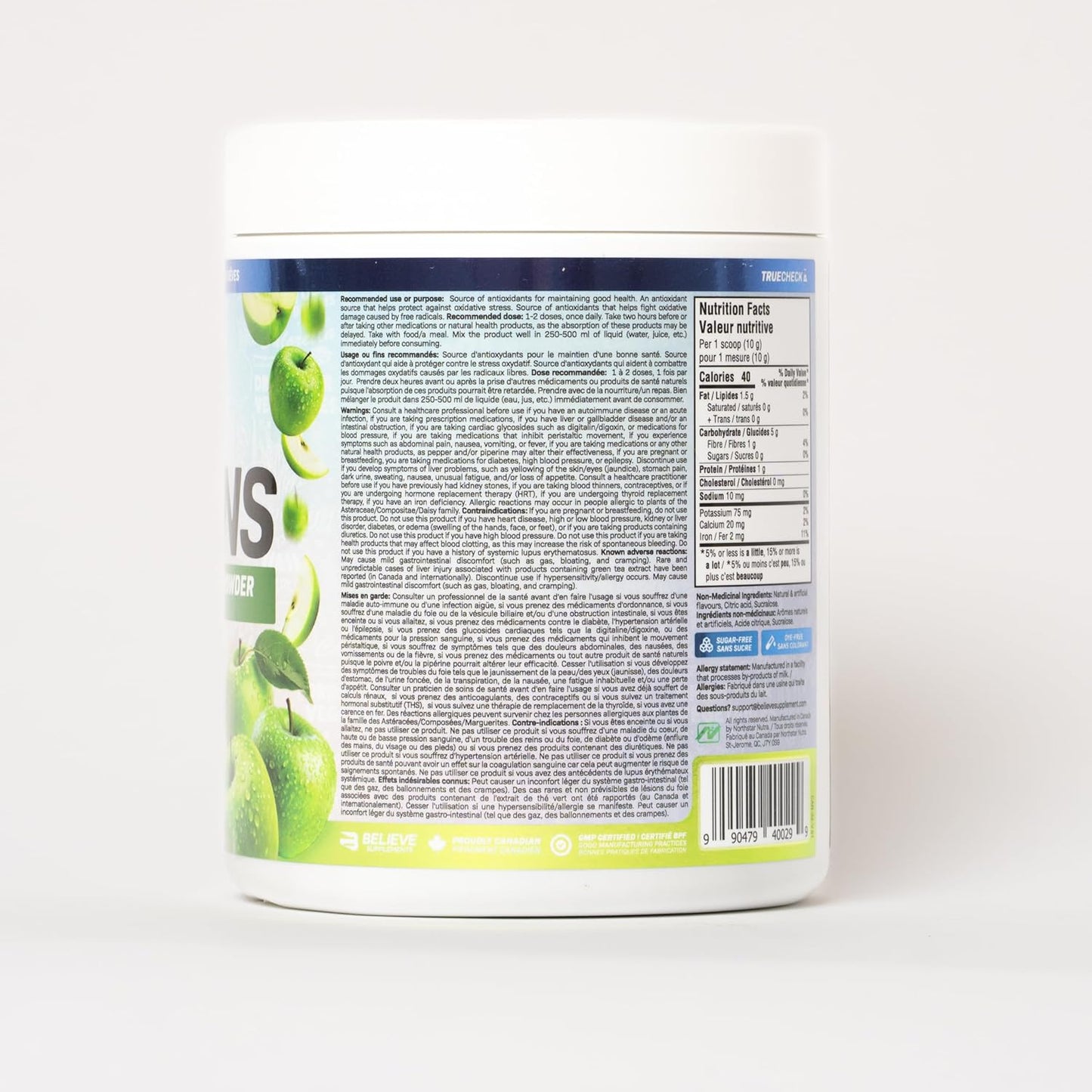 Container with a label featuring green apples on a white background