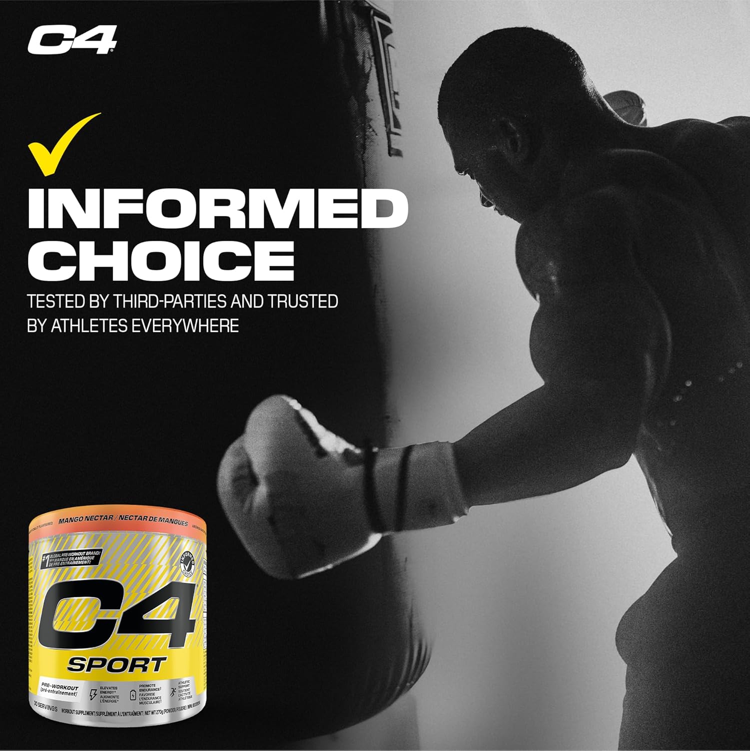 C4 Sport supplement container with a silhouette of a person punching a bag, featuring the C4 brand.
