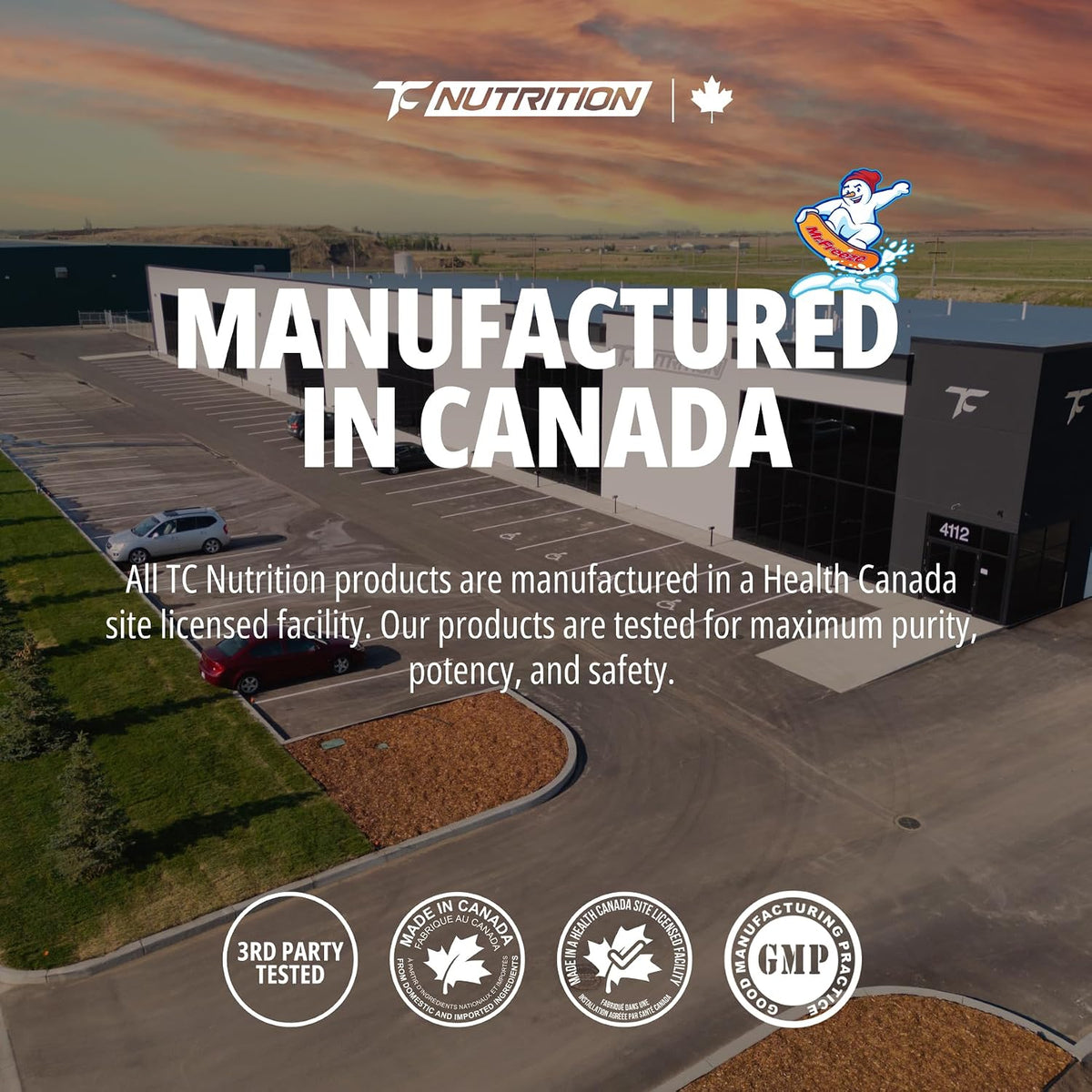 A promotional graphic for TC Nutrition showing a large warehouse facility at sunset with the text 'MANUFACTURED IN CANADA,' product claims, and several certification badges along the bottom.