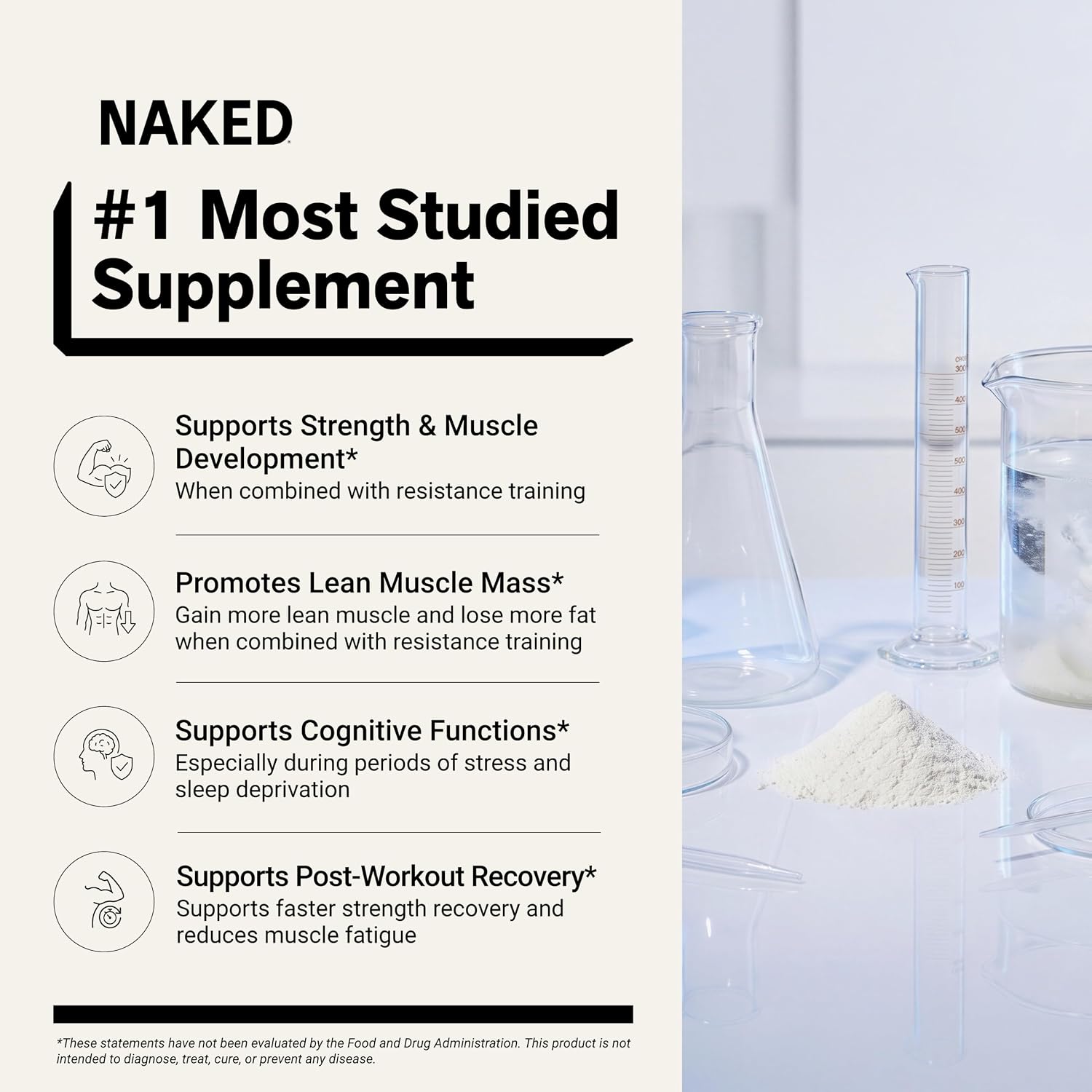 An informational marketing graphic for a supplement powder. The left side has a cream background with the text 'NAKED #1 Most Studied Supplement' and four bullet points detailing benefits like strength, lean muscle mass, cognitive functions, and post-workout recovery.