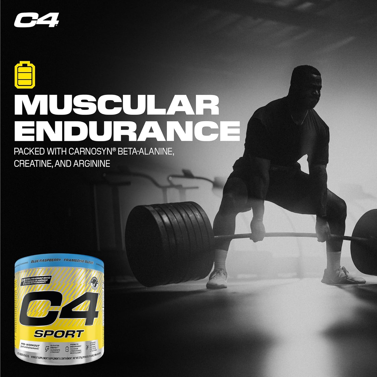 C4 Sport supplement container with a person lifting weights in a gym setting