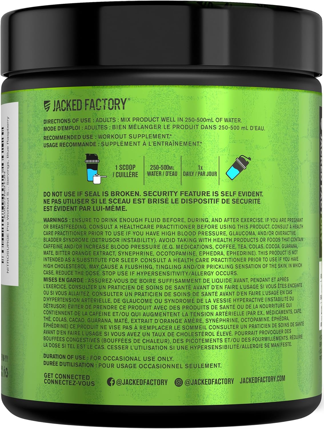 Jacked Factory supplement container with green label and black lid
