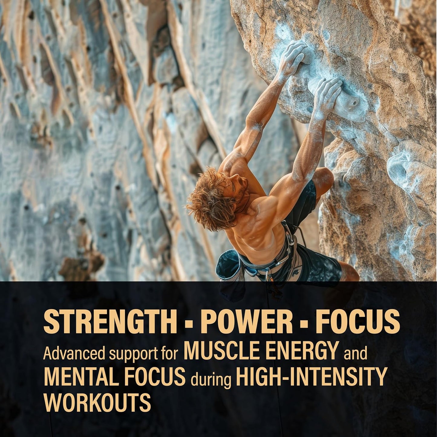 Person climbing a rock wall with promotional text about strength, power, and focus support.