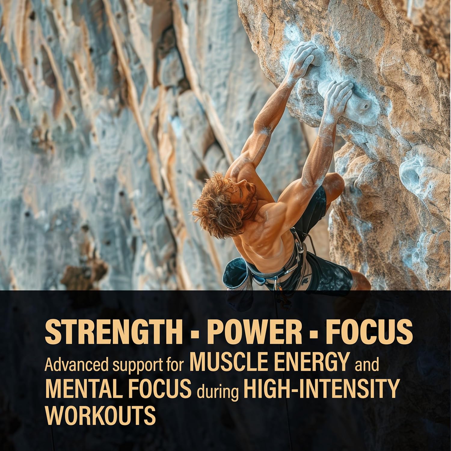 Person climbing a rock wall with promotional text about strength, power, and focus support.