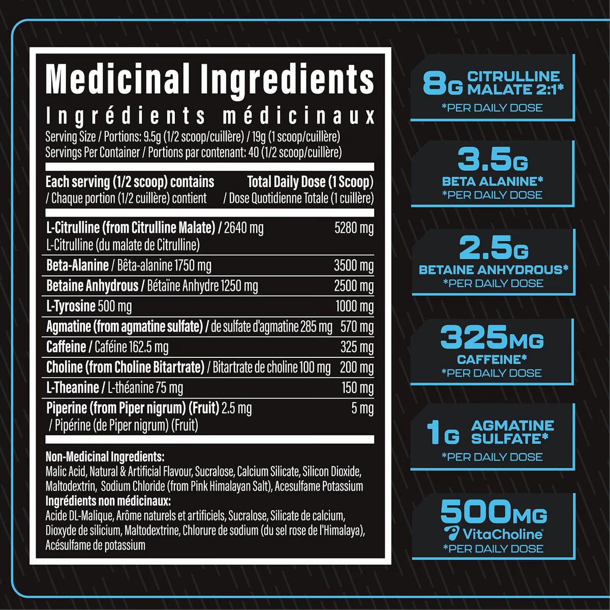 Front and back views of a white supplement box showing detailed bilingual English and French ingredients and dosage information for a Citrulline Malate 21G bottle.