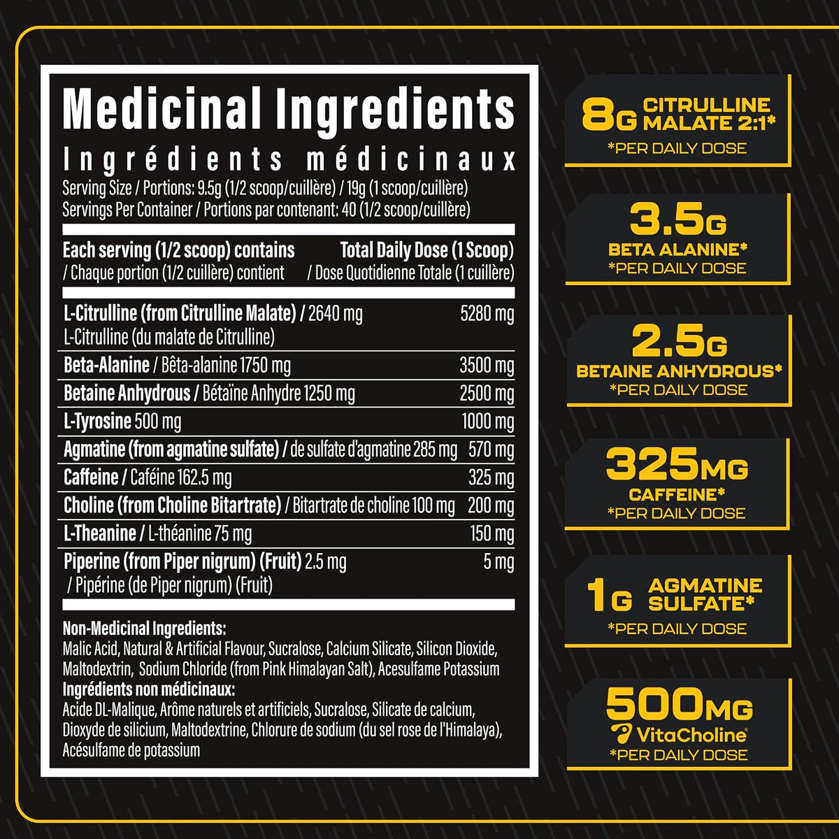A black and white supplement packaging label detailing the 'Medicinal Ingredients' in French and English, featuring a white ingredient list on the left and four yellow dosage callouts on the right.