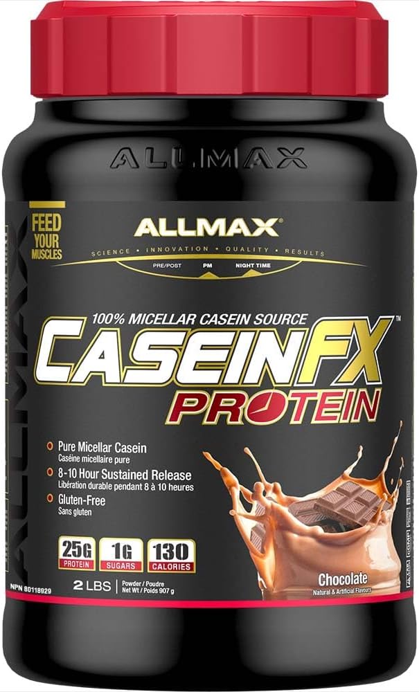 Allmax Casein FX Protein container with red cap and chocolate flavor depiction on a black background
