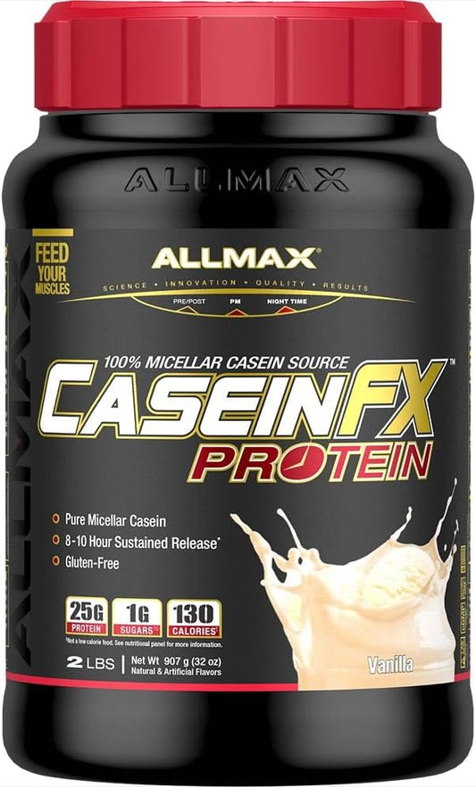 Allmax Casein FX Protein container with red cap on a black background