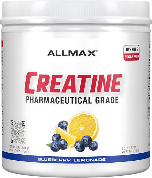 Allmax Creatine supplement container with blueberry and lemon flavor on a white background
