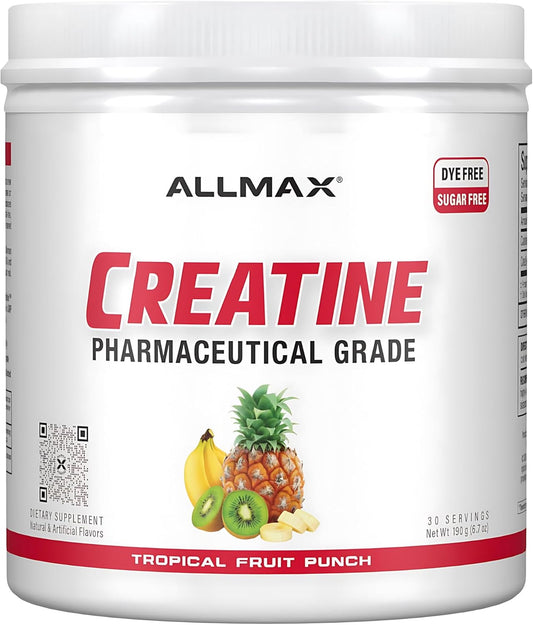 Allmax Creatine supplement container with tropical fruit punch flavor on a white background